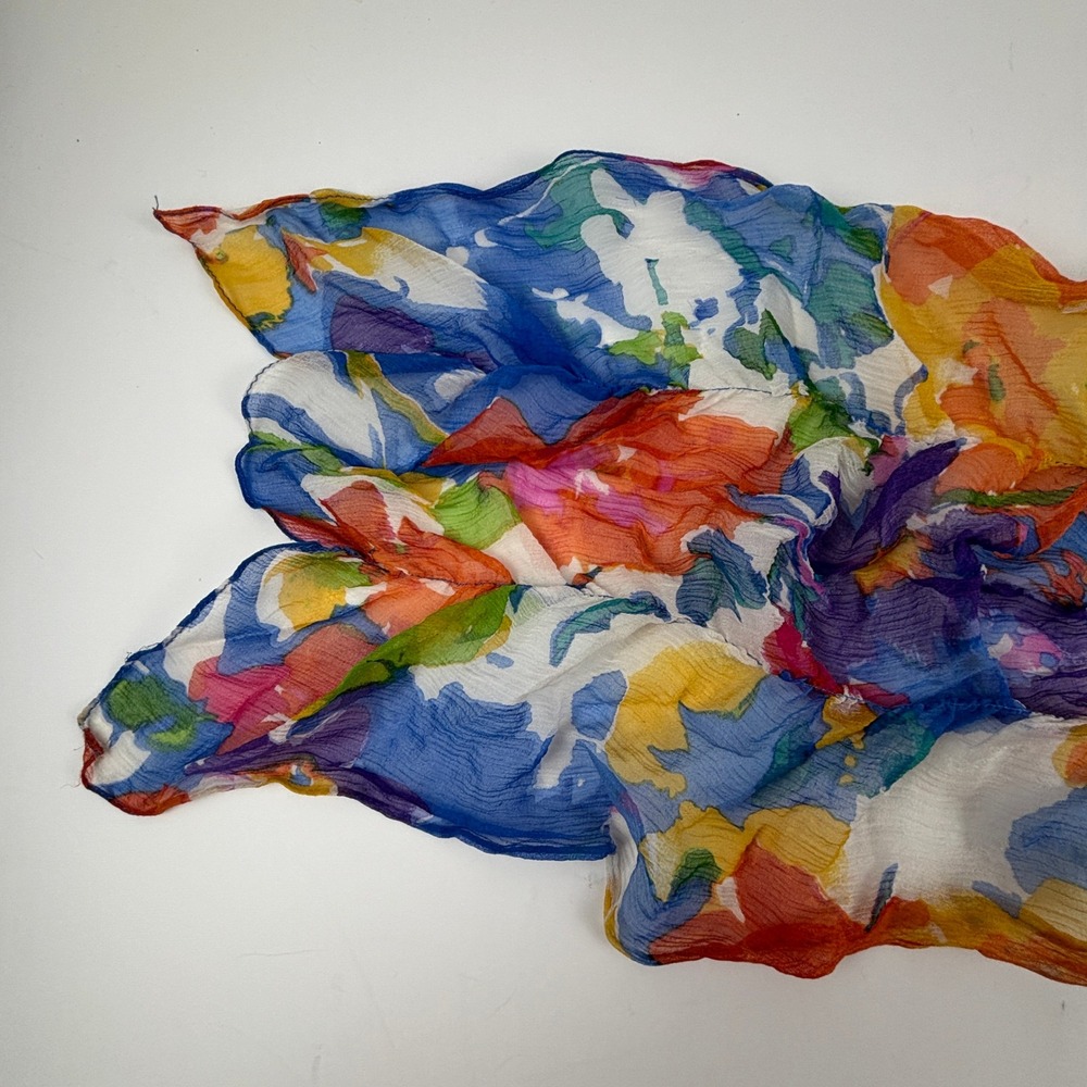 Vibrant Floral Silk Scarf Shawl Wrap Blue Pink Orange Yellow Accent Dopamine - Picture 7 of 7